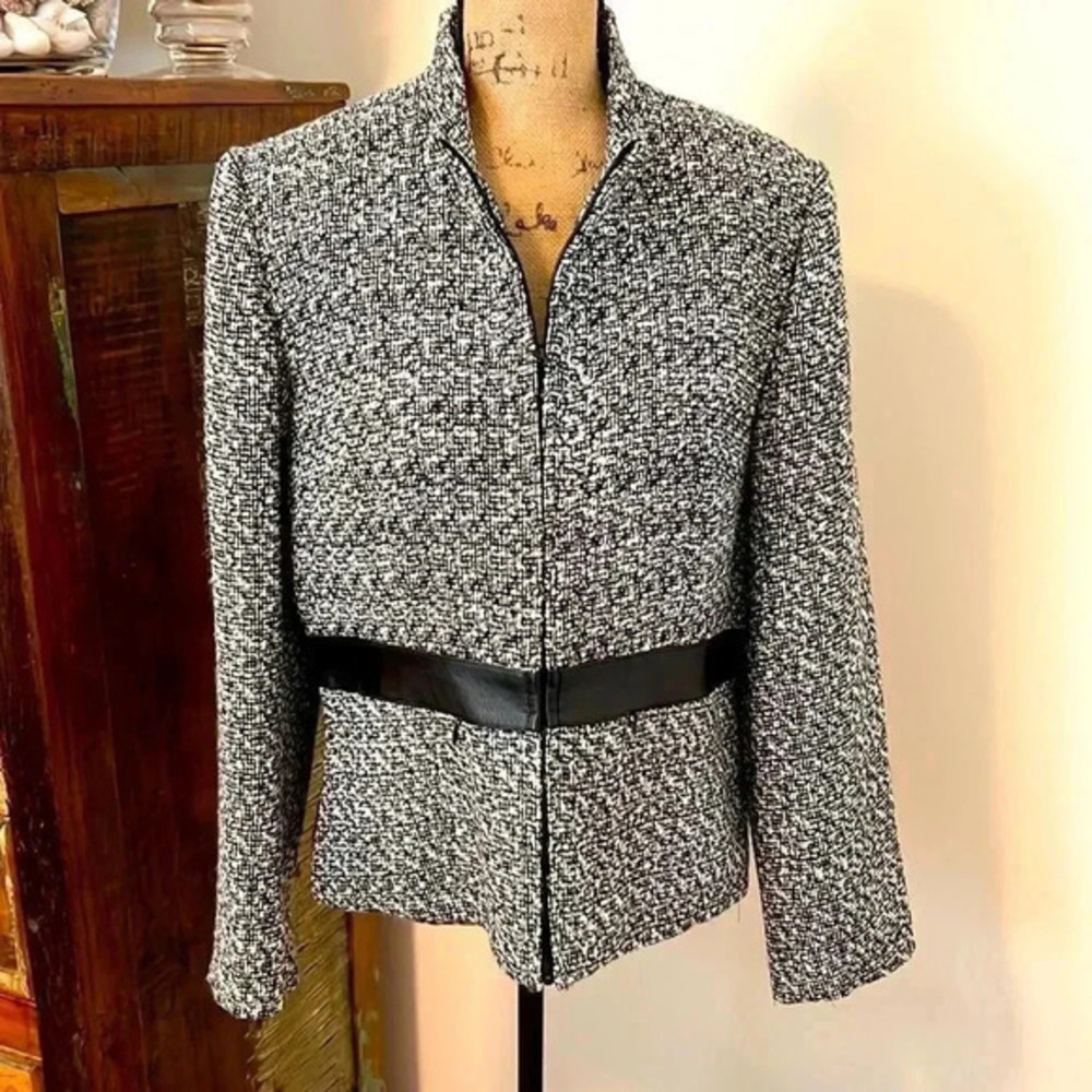 Black and White Tweed Jacket with Faux Leather Trim - Size